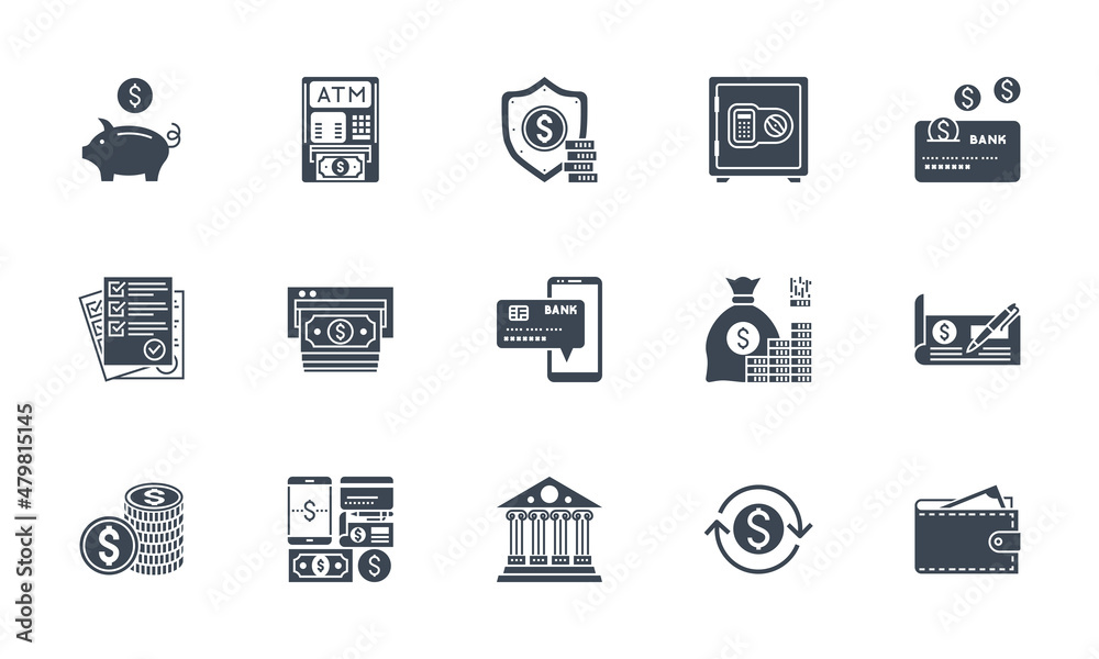Banking icons set. Related glyph icons. Isolated on white background