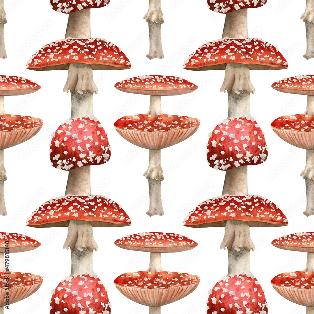 Obraz premium Seamless fly agaric mushrooms pattern. Watercolor background with red amanita poisonous mushroom for fabric