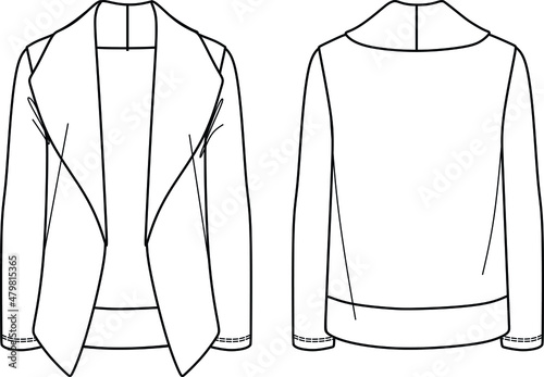 Vector long sleeved jacket fashion CAD, winter woman knitted cardigan technical drawing, template, flat, sketch. Jersey jacket with front, back view, white color