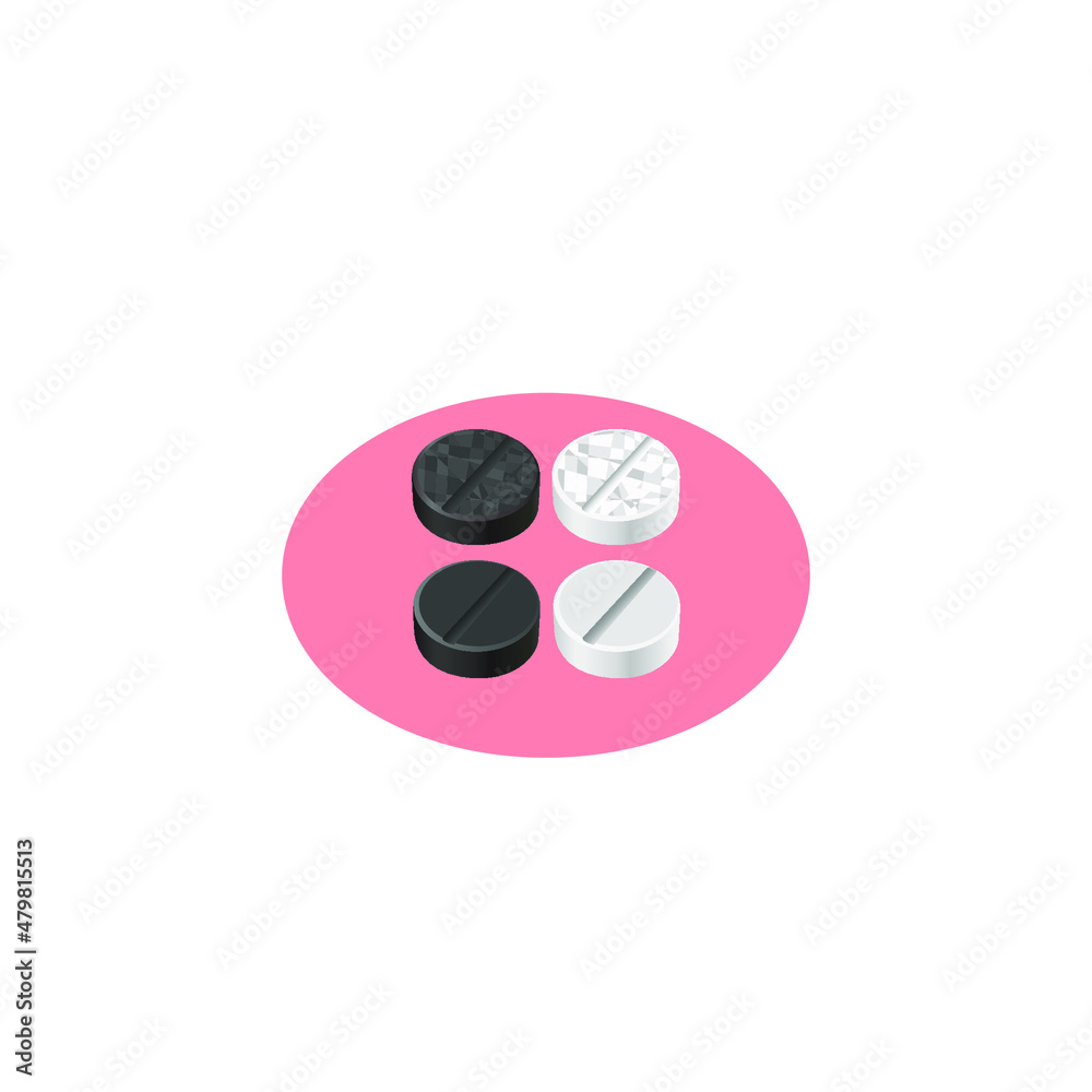Black and white pills on a red circle. Black and white pills on a red circle.