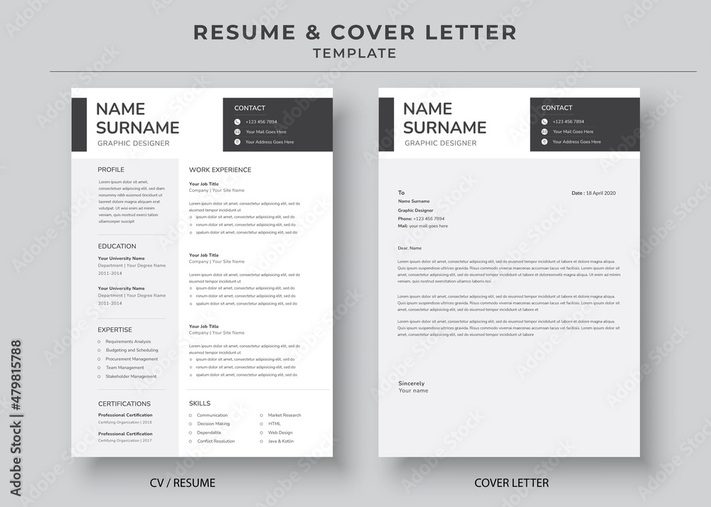Resume and Cover Letter, Minimalist resume cv template, Cv professional jobs resume - obrazy, fototapety, plakaty 