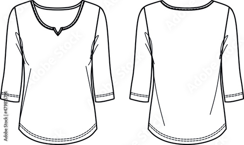 Vector fashion CAD t-shirt, women long sleeved blouse sketch,  women round neck t-shirt technical drawing, sketch, flat. Jersey blouse with front, back view, white color
