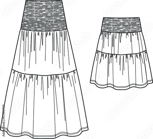 Vector smocked maxi skirt fashion CAD, woman flared skirt technical drawing, template, flat, sketch