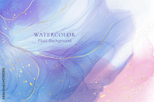 Cyan blue and lavender liquid marble background with gold stripes and glitter dust. Pastel pink violet watercolor drawing effect. Vector illustration backdrop for wedding invitation, rsvp, menu