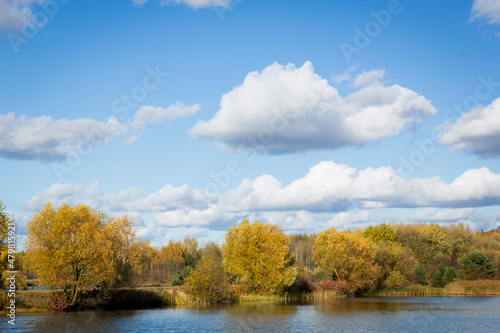 Autumn forest behind the lake. Sky with sun and white clouds. Red-green forest.