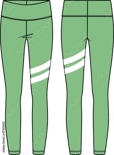 Vector sport leggings fashion CAD, woman lounge or yoga leggings with high waist technical drawing, legging fashion flat with print detail, sketch, template