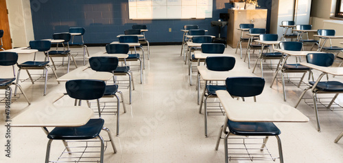 American High School Classroom with desks and no kids.