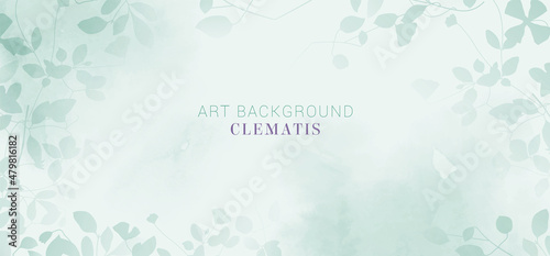 Horizontal background of green leaves and green paint splash on white background