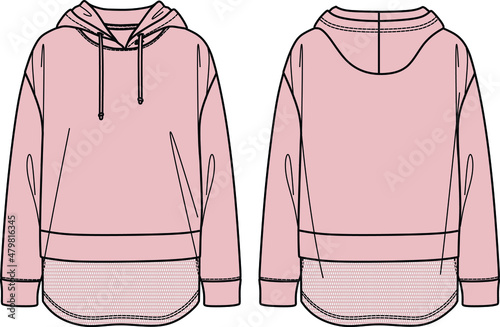 Vector lounge hooded sweatshirt fashion CAD, sport woman long sleeved sweatshirt with mesh fabric technical drawing, template, sketch, flat