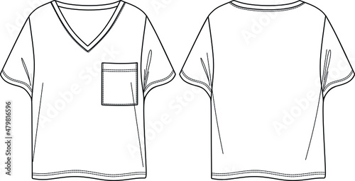 Vector short sleeved v neck blouse fashion CAD, woman t shirt technical drawing with pocket detail. Jersey t shirt with front, back view, white color template, sketch, flat
