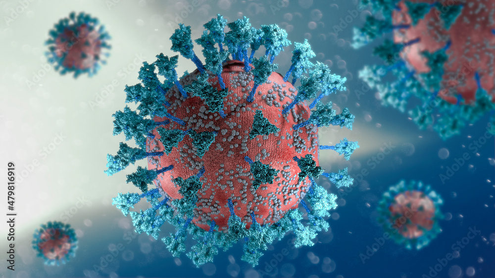 Virus variant, coronavirus, spike protein. Deltacron, Omicron. Covid-19 seen under the microscope. SARS-CoV-2, 3d rendering - obrazy, fototapety, plakaty 