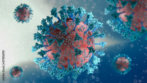 Virus variant, coronavirus, spike protein. Deltacron, Omicron. Covid-19 seen under the microscope. SARS-CoV-2, 3d rendering