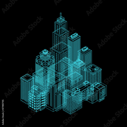 Isometric Holography City. Isometric City Building Icon Isolated on White Background. Private House, Skyscraper, Real Estate, Public Building, Hotel. Illustration Set