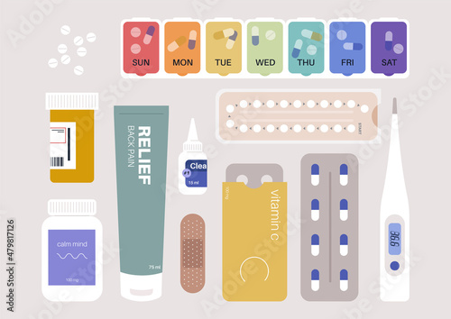 A set of drugs in the form of pills, drops, capsules, and other