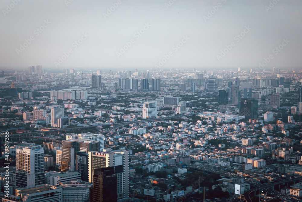 Bangkok city skyline top view Downtown and business office bank financial in capital city of Thailand  that showing smog and polluted air pollution from particle PM2.5.