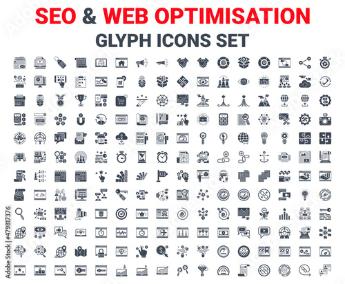SEO Glyph Icons Set. Glyph Icons Set of Search Engine Optimization, Website and APP Design and Development. Simple Glyph Pictogram Pack. Logo Concept, Web Graphic