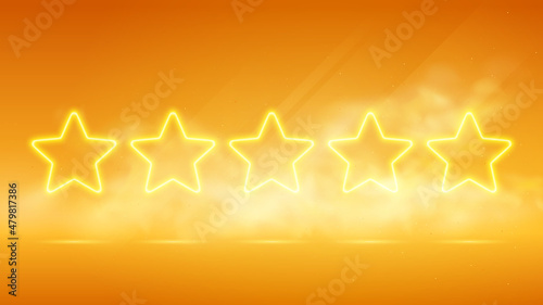 Five luminous yellow stars, banner showing the best quality and product rating rated by users, futuristic technology with orange  neon glow in the smoke, vector business background