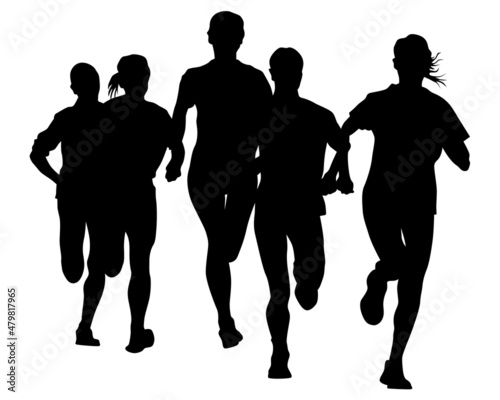 Young athletes women run a marathon. Isolated silhouettes on white background