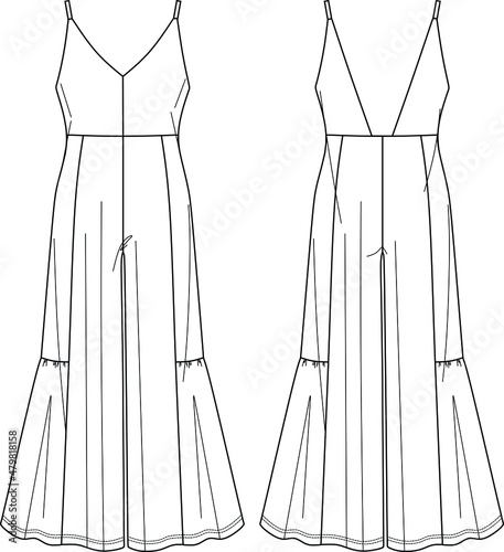 Vector woman "V" neck jumpsuit technical drawing, sleeveless jumpsuit with opened back fashion CAD, wide legs jumpsuit template, flat, sketch. Jersey or woven fabric jumpsuit, white color