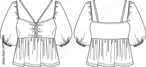 Vector woman square neck blouse fashion CAD, short sleeved top with smocked detail and puff sleeved technical drawing, flat, sketch. Jersey or woven fabric dress with front, back view, white color