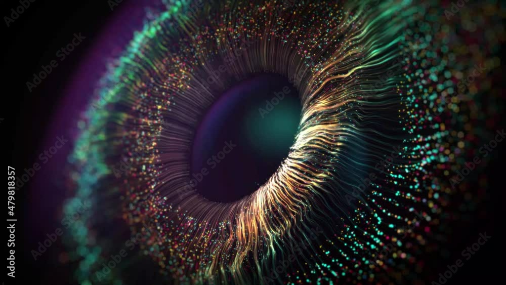 Human multicolored iris of the eye animation concept. Rainbow lines after a flash scatter out of a bright white circle and forming volumetric a human eye iris and pupil. 3d rendering background in 4K.