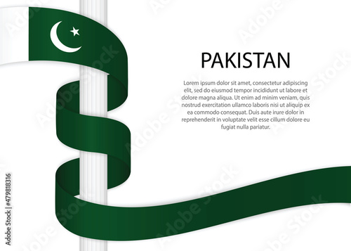 Waving ribbon on pole with flag of Pakistan. Template for independence day
