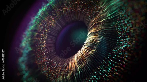 Human multicolored iris of the eye animation concept. Rainbow lines after a flash scatter out of a bright white circle and forming volumetric a human eye iris and pupil. 3d rendering background in 4K. photo