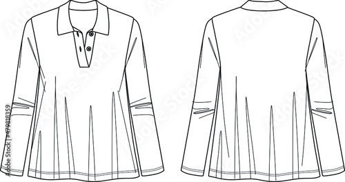 Vector fashion CAD t-shirt with button details, women long sleeved A shape blouse sketch,  women polo neck top technical drawing, sketch, flat. Jersey blouse with front, back view, white color