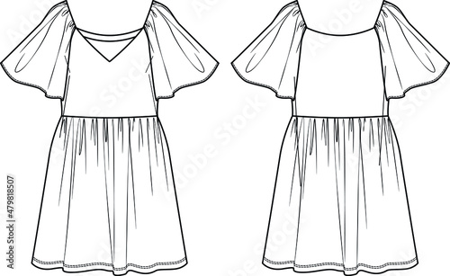 Vector dress sketch, V-neck dress technical drawing, fashionable short sleeved women CAD, flat, mini dress with ruffles. Jersey or woven fabric dress with front, back view, white color
