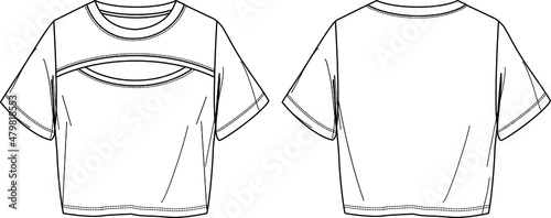 Vector short sleeved T-Shirt fashion CAD, woman round neck top with cut-out detail technical drawing, template, flat, sketch. Jersey or woven fabric blouse with front, back view, white color