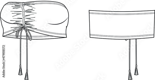 Vector strapless top technical drawing, women crop top with gathering fashion CAD, template, sketch, flat. Jersey fabric t shirt with front, back view, white color