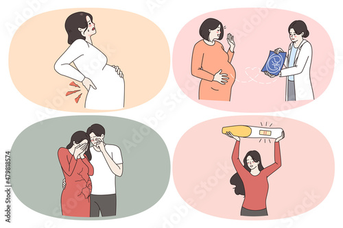 Pregnancy healthcare and support concept. Set of pregnant woman feeling pain in back looking at ultrasound from doctor crying after losing baby feeling happy knowing of pregnancy vector illustration
