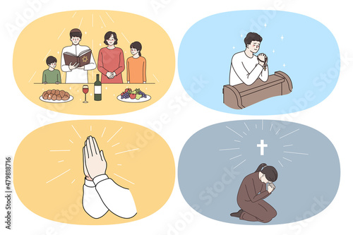 Religion pray and spirituality concept. Set of human hands in pray young judish family praying before dinner young non sitting talking to god and believer in dreams vector illustration 