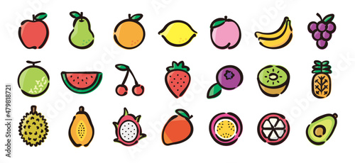 Fototapeta Naklejka Na Ścianę i Meble -  Fruits icon set for graphic (Hand-drawn line, colored version)