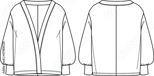 Vector dropped shouldered jacket fashion CAD, woman woven jacket with balloon sleeves technical drawing, template, flat, sketch. Jersey or woven fabric jacket with front, back view, white color
