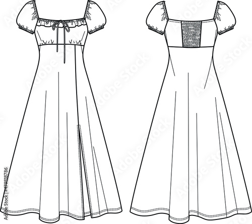 Vector short sleeve maxi dress technical drawing, woman dress with frill detail and gathered back fashion CAD, sketch, template, flat. Jersey or woven fabric dress with front, back view, white color