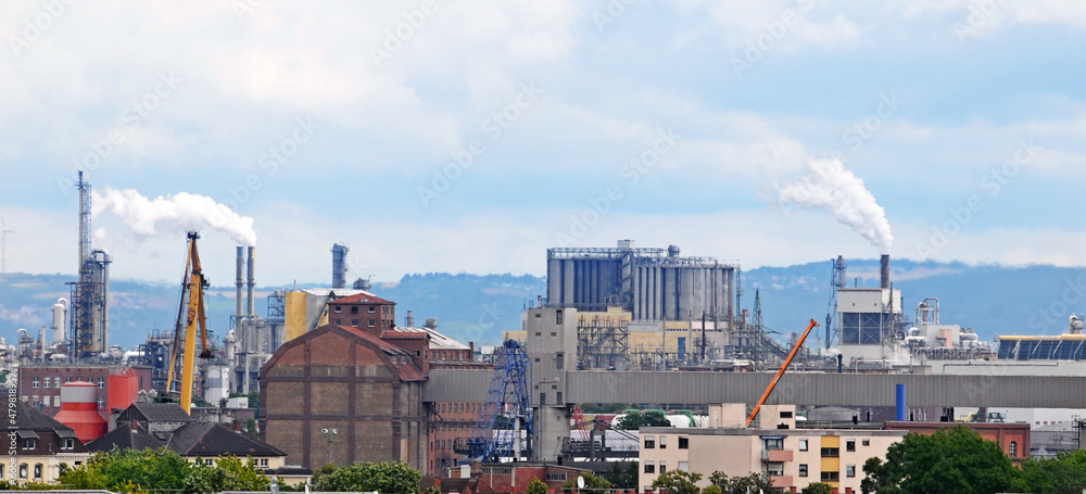 Panoramic view of the plant. Industrial area of the city of Mannheim. Wide photo.