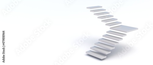 Fotografija White flying isometric rising stair with turn white empty wall