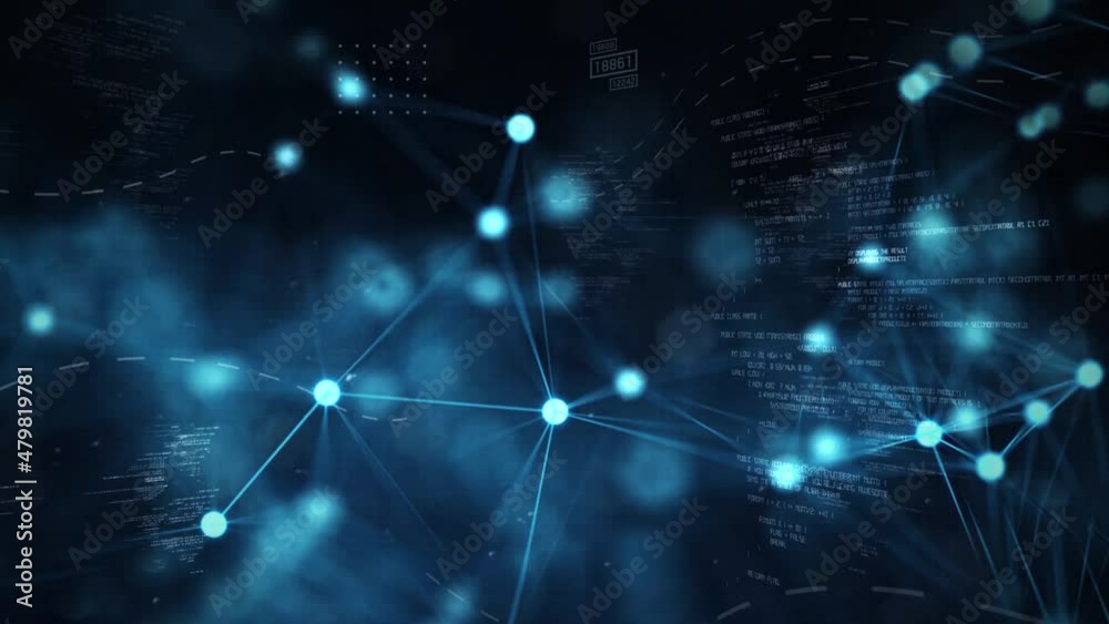 Abstract plexus of moving glowing dots and lines. Network or digital connection. Technology background. 3d rendering. 4K. Seamless loop.
