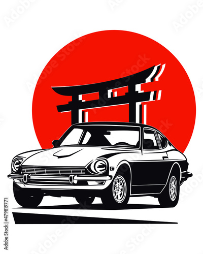 Classic vintage retro legendary Japanese sports cars with Torii Gate on Japanese flag
