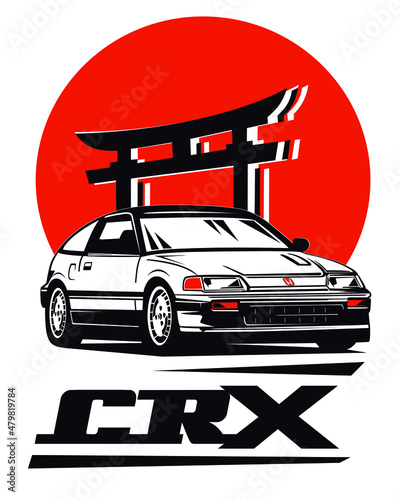 Classic vintage retro legendary Japanese sports cars with Torii Gate on Japanese flag