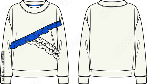 Vector long sleeved oversized top fashion CAD, woman boxy shape turtle neck with frill details sweatshirt technical drawing, template, mock up, flat. Fleece sweatshirt with front, back, white color.
