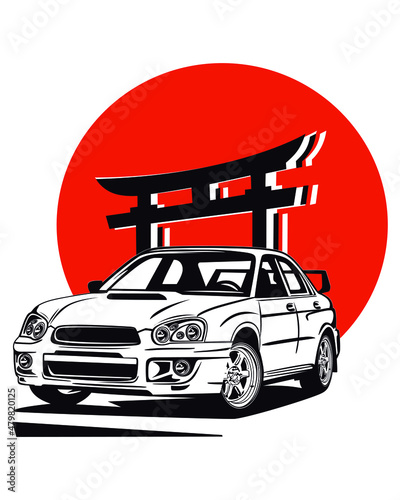 Classic vintage retro legendary Japanese sports cars with Torii Gate on Japanese flag