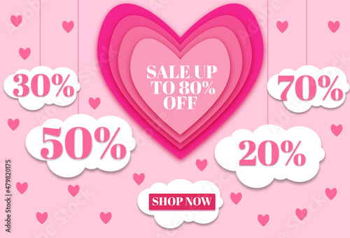 Valentine's Day Sale 50% off Poster or banner with many sweet hearts and sweet gifts on red background.Promotion and shopping template or background for Love and Valentine's day concept