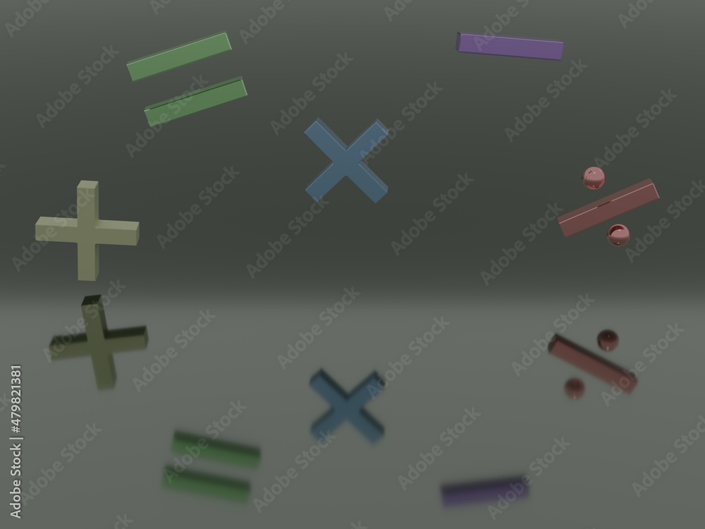 A 3D render of a multiply, divide, add, subtract and equal symbol with a reflective surface A 3D render of a multiply, divide, add, subtract and equal symbol with a reflective surface