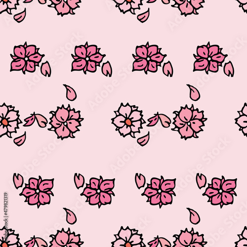 Vector pink background white pink cherry tree flowers and cherry blossom sakura flowers. Seamless pattern background