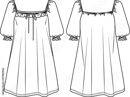 Vector short sleeve square neck mini dress technical drawing, woman dress with frill detail fashion CAD, sketch, template, flat. Jersey or woven fabric dress with front, back view, white color