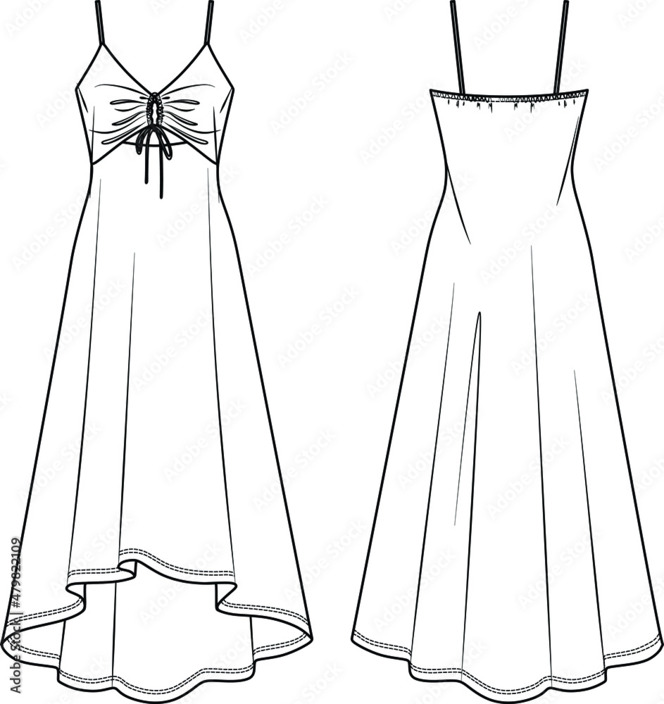 Vector maxi dress technical drawing, woman dress with gathering in ...