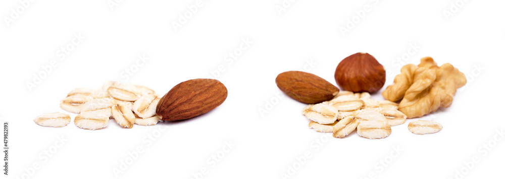 Mix nuts, raisins and oatmeal isolated on white background Mix nuts, raisins and oatmeal isolated on white background