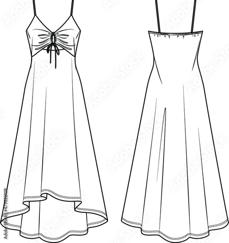 Vector maxi dress technical drawing, woman dress with gathering in front fashion CAD, sketch, template, flat. Jersey or woven fabric special occasion dress with front, back view, white color